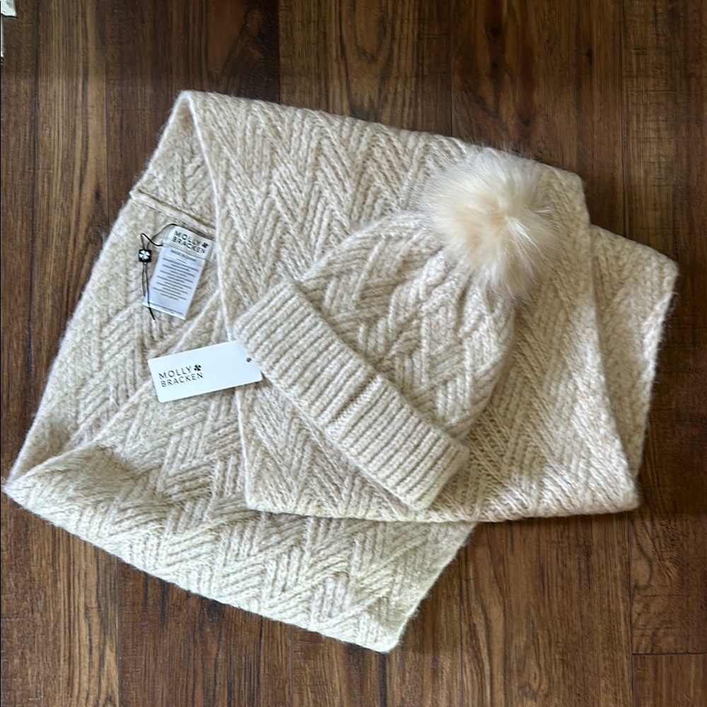 Molly Bracken Cream Knit Hat with Pom Pom and infinity scarf
